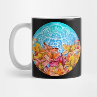 Orange Lilies & White Mandala on Blue Mug